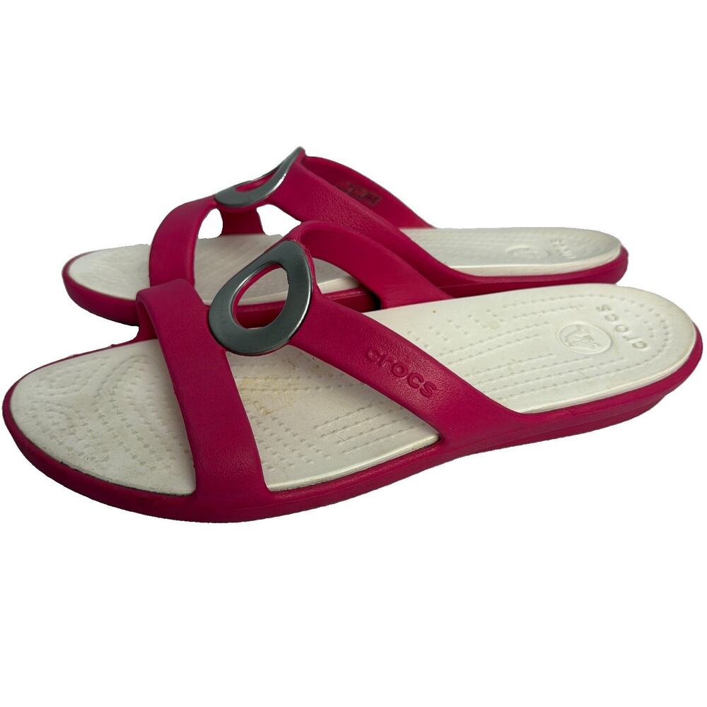 Crocs Sanrah Circle Slides Sandals Women's Size 9 Raspberry Pink & Silver